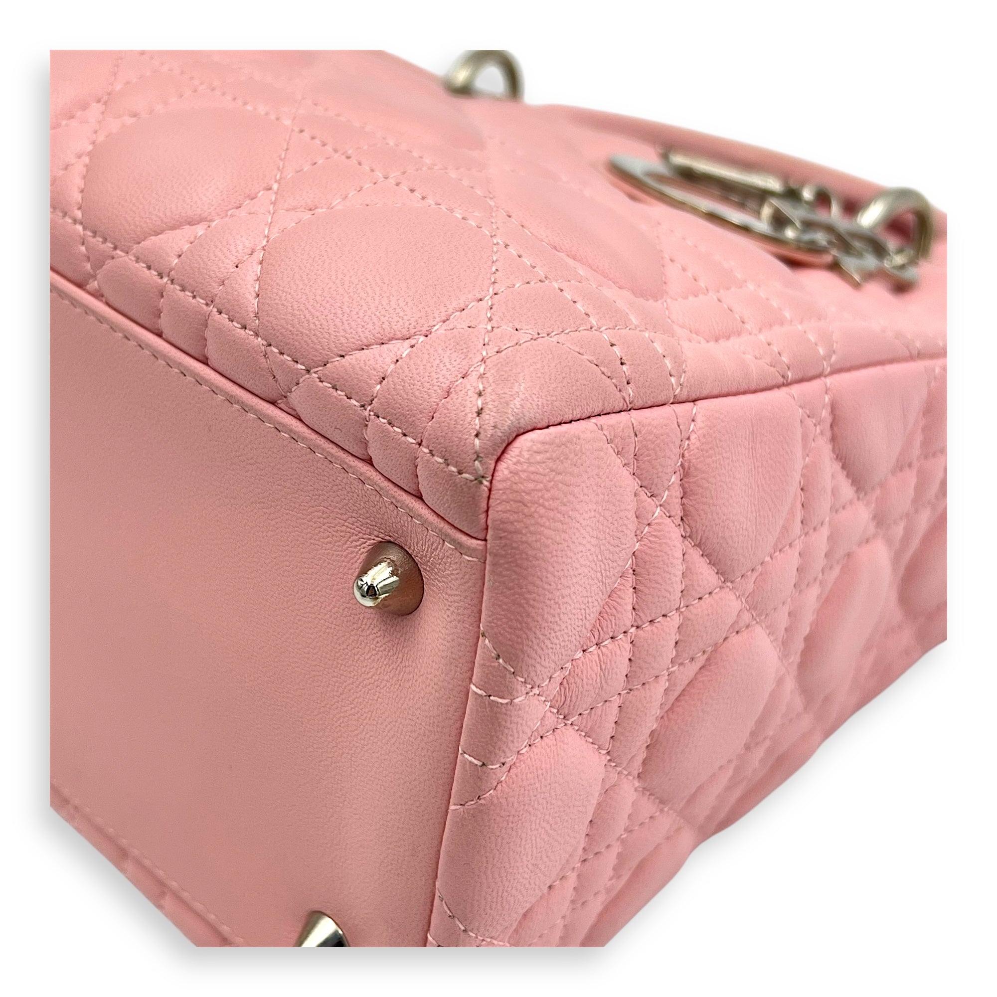Lady Dior Top Handle Bag Medium Pink in Calfskin, Silver hardware - Image 7