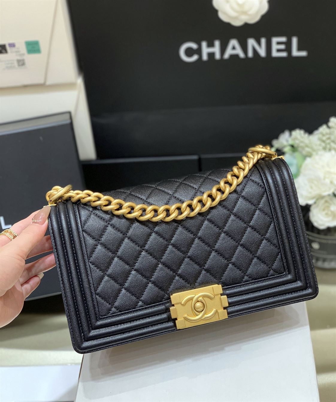 Chanel Medium Boy Bag Black Caviar Antique Gold Hardware - Image 3