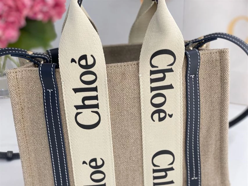 Chloé Small Woody Tote Bag Linen canvas Calfskin With Chloé Logo - MB019 - Image 7