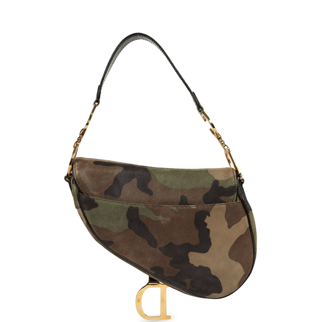 Vintage Christian Dior Camouflage Saddle Bag Green and Brown Suede Gold Hardware - Image 6