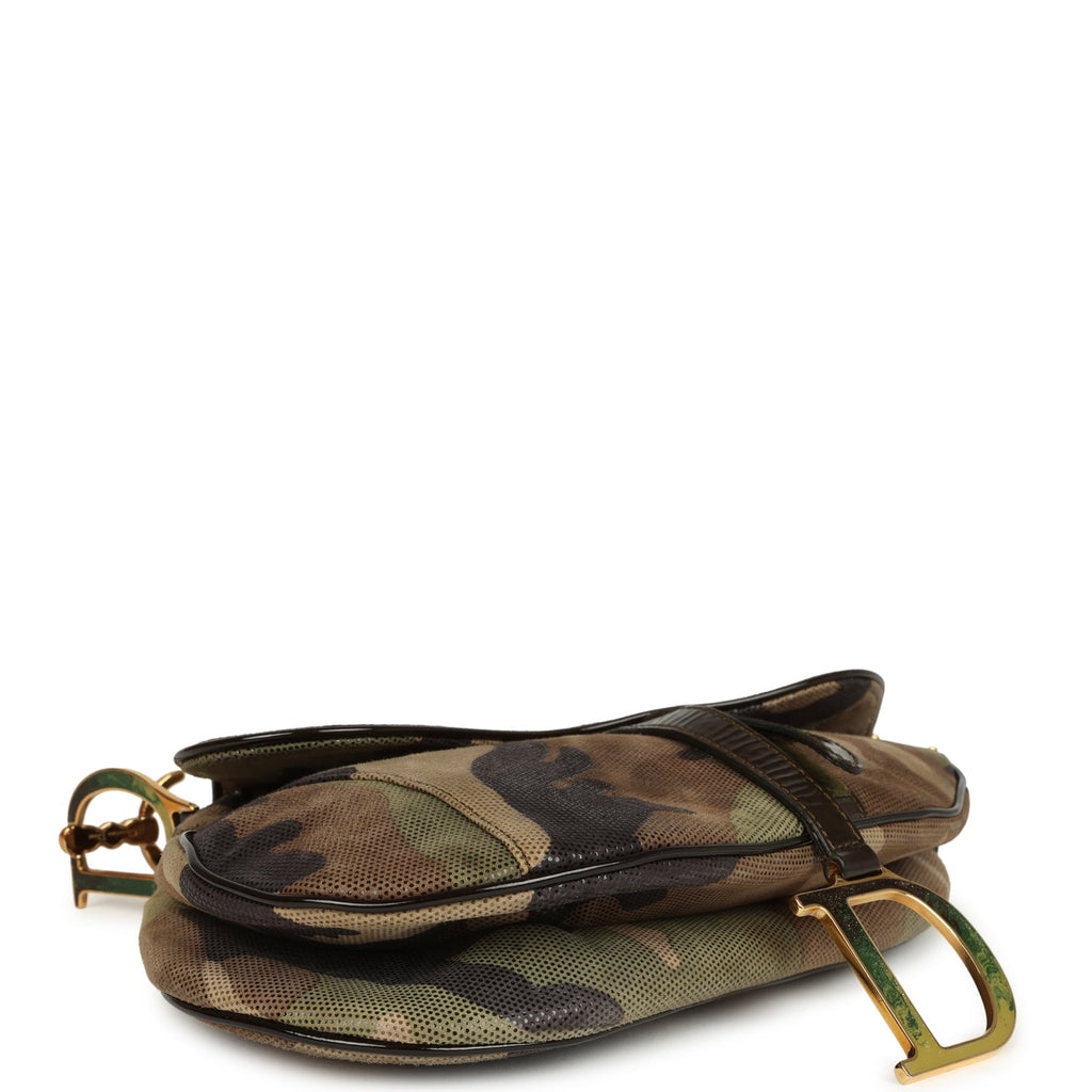 Vintage Christian Dior Camouflage Saddle Bag Green and Brown Suede Gold Hardware - Image 7