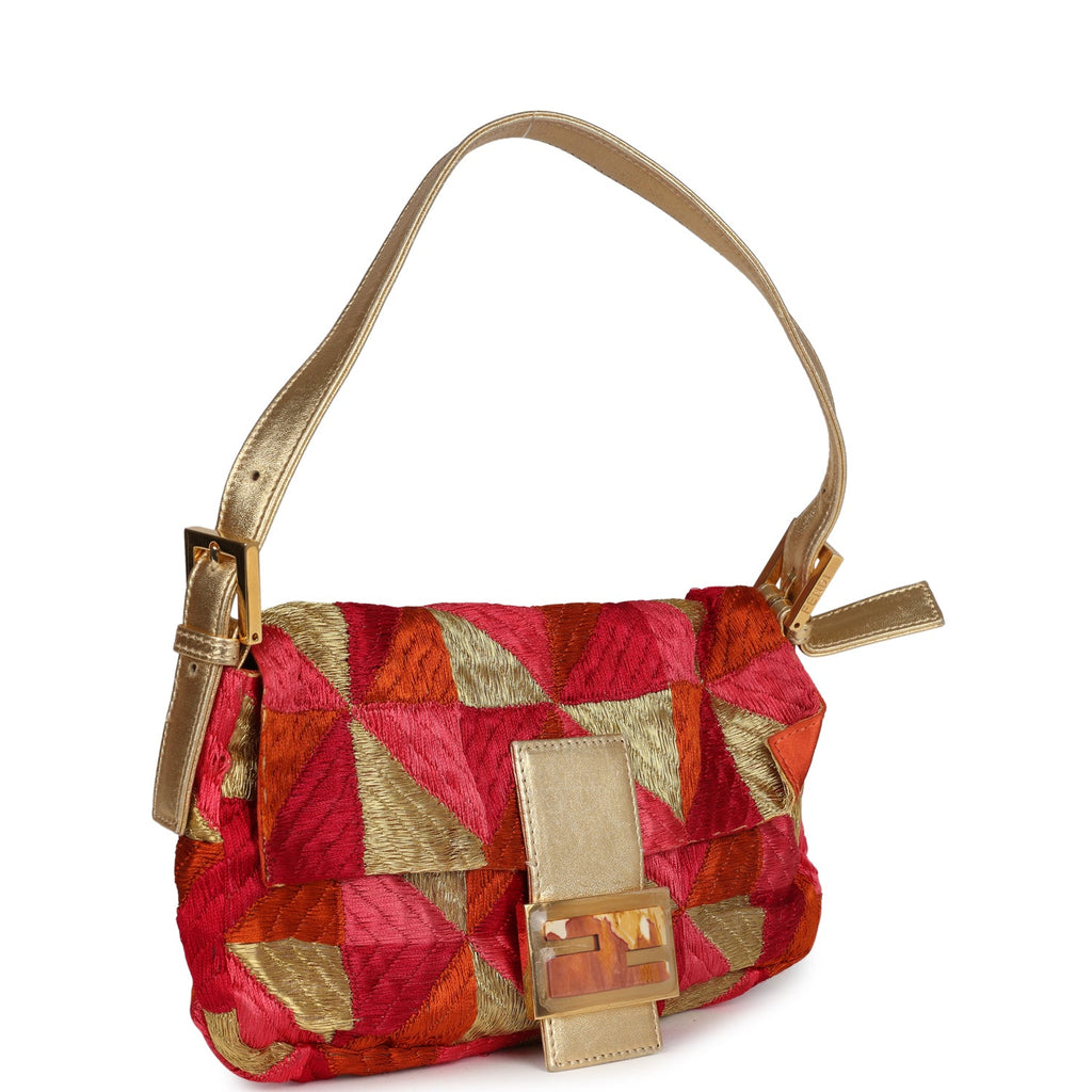 Vintage Fendi Patchwork Baguette Bag Gold, Pink, Orange and Red Embroidered Silk Gold Hardware - Image 3