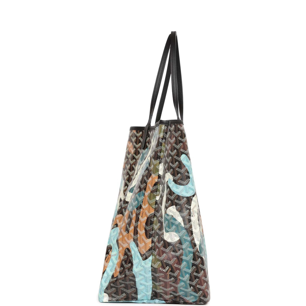 Goyard Limited Edition Black Goyardine Canvas Blue Lettres Camouflage Saint Louis GM Tote Bag Palladium Hardware - Image 4