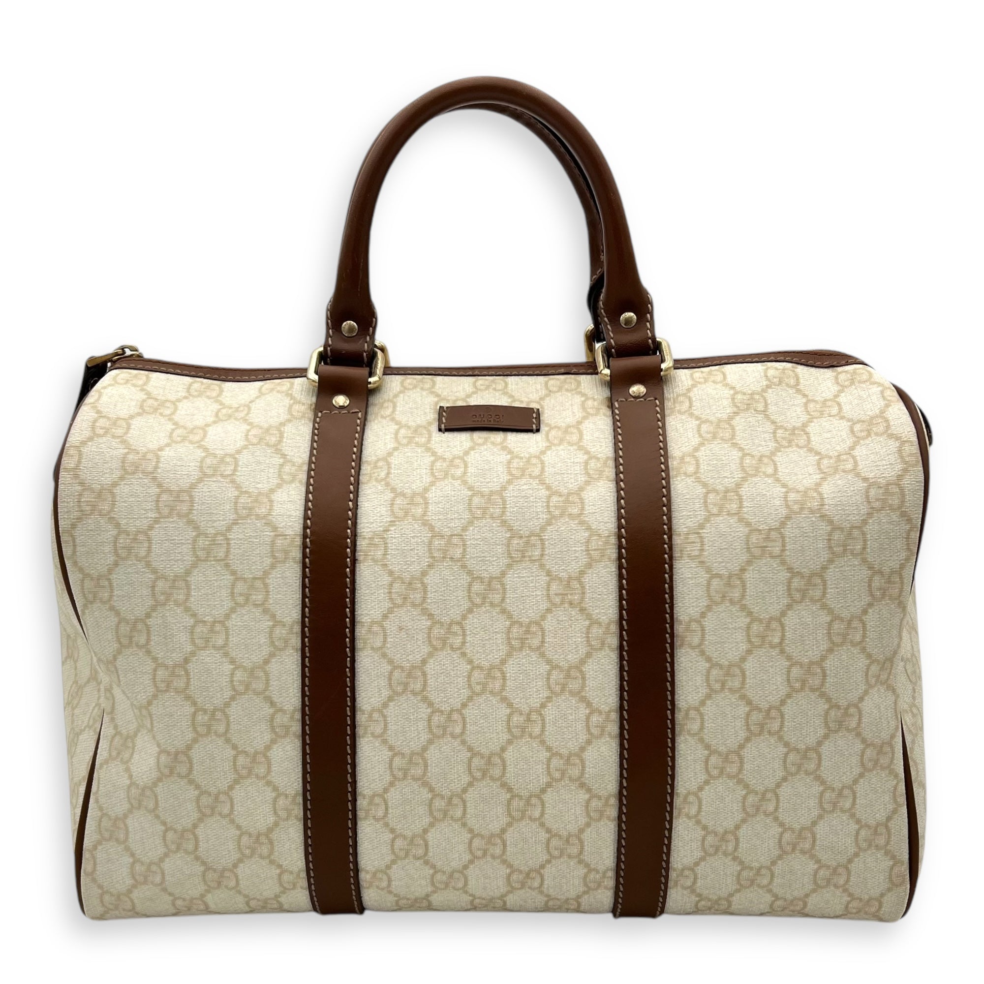 Boston White Top Handle Bag in Coated Canvas, Gold hardware