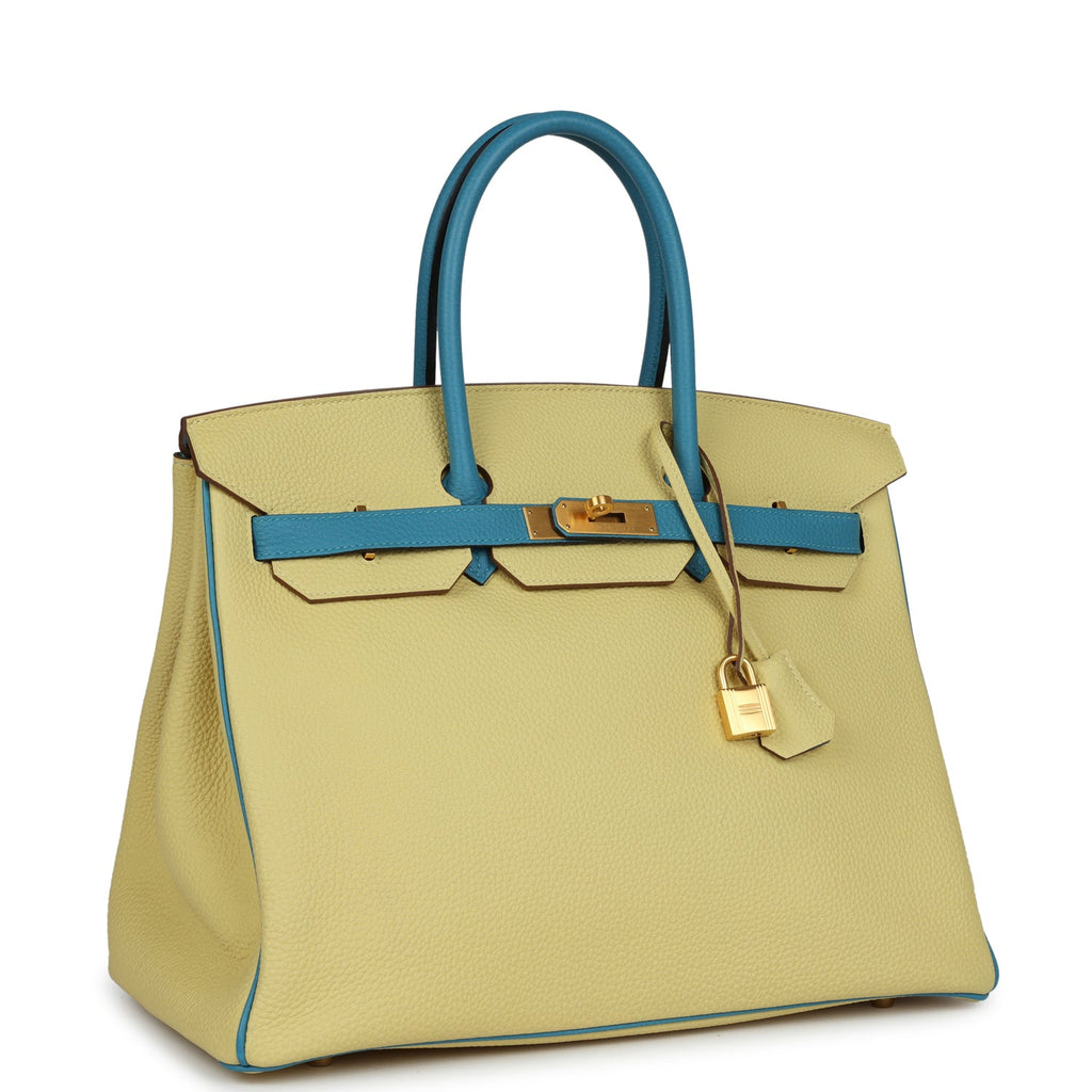 Pre-owned Hermes Special Order (HSS) Birkin 35 Jaune Poussin and Bleu Paradise Togo Brushed Gold Hardware - Image 3