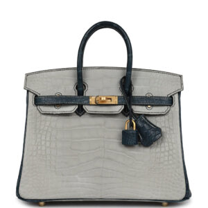 Hermes Special Order (HSS) Birkin 25 Gris Perle and Vert Rousseau Matte Alligator Brushed Gold Hardware