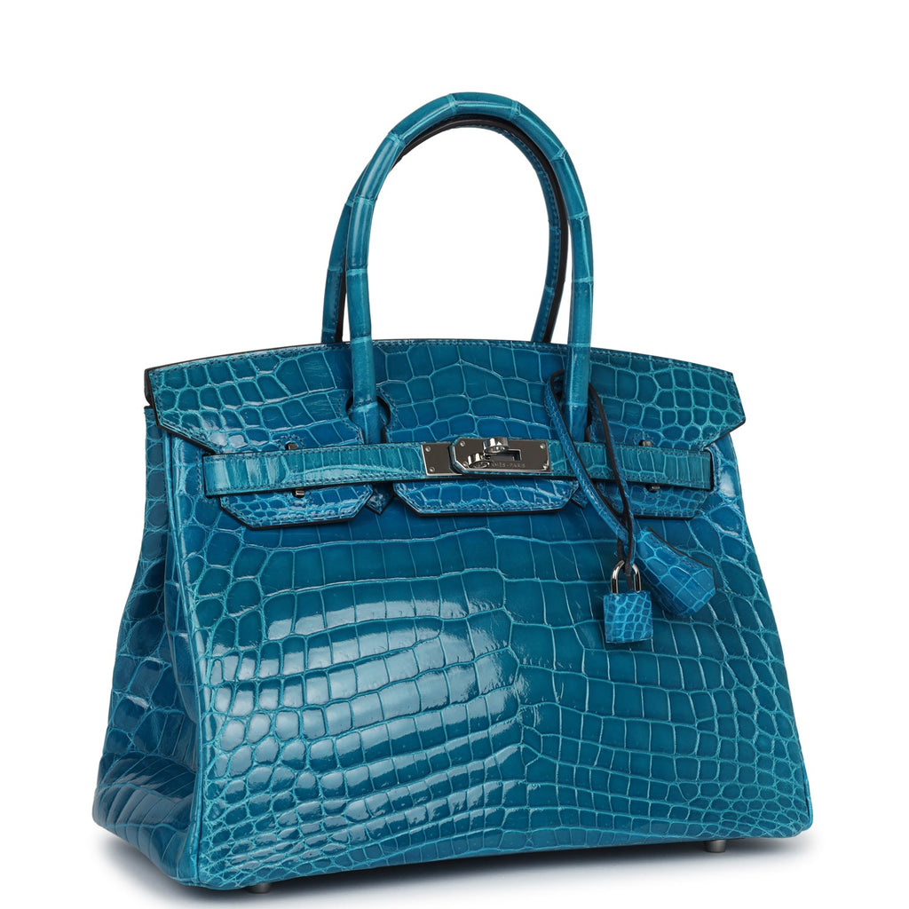 Pre-owned Hermes Birkin 30 Bleu Izmir Shiny Niloticus Crocodile Palladium Hardware - Image 3