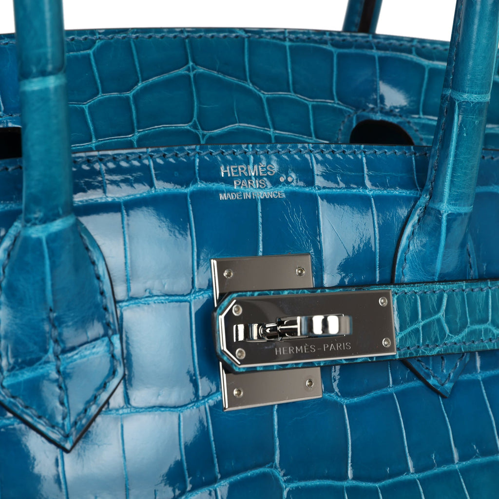 Pre-owned Hermes Birkin 30 Bleu Izmir Shiny Niloticus Crocodile Palladium Hardware - Image 8