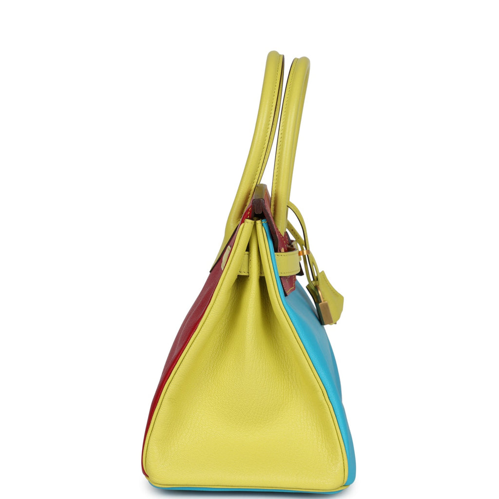 Hermes Special Order (HSS) Tri-color Birkin 30 Bleu Aztec, Soufre and Rouge Vif Chevre Brushed Gold Hardware - Image 4