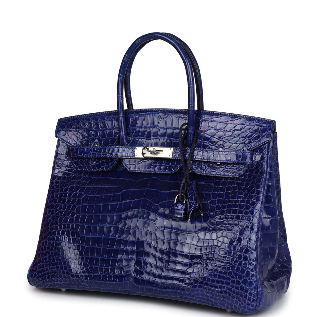 Pre-owned Hermes Birkin 35 Bleu Electric Shiny Porosus Crocodile Palladium Hardware - Image 6