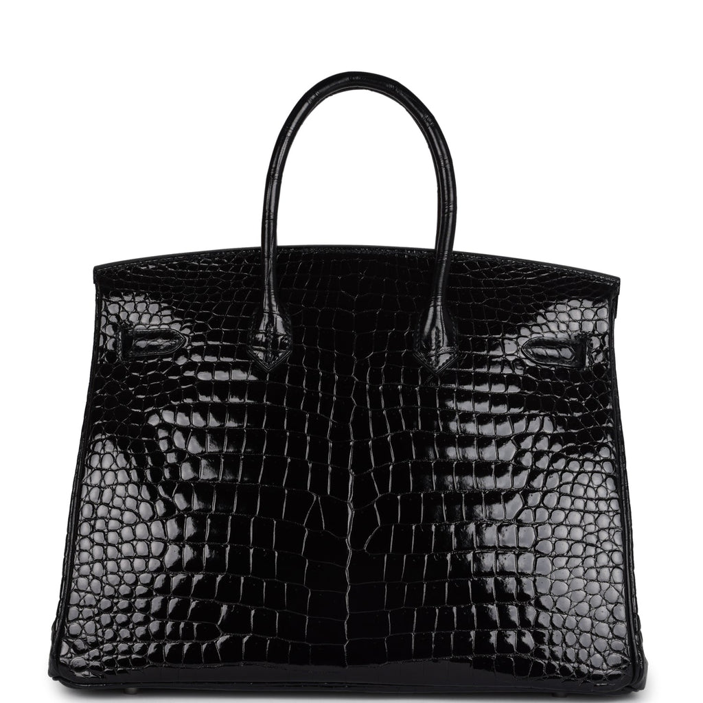Pre-owned Hermes Birkin 35 Black Shiny Porosus Crocodile 18K White Gold Diamond Hardware - Image 5