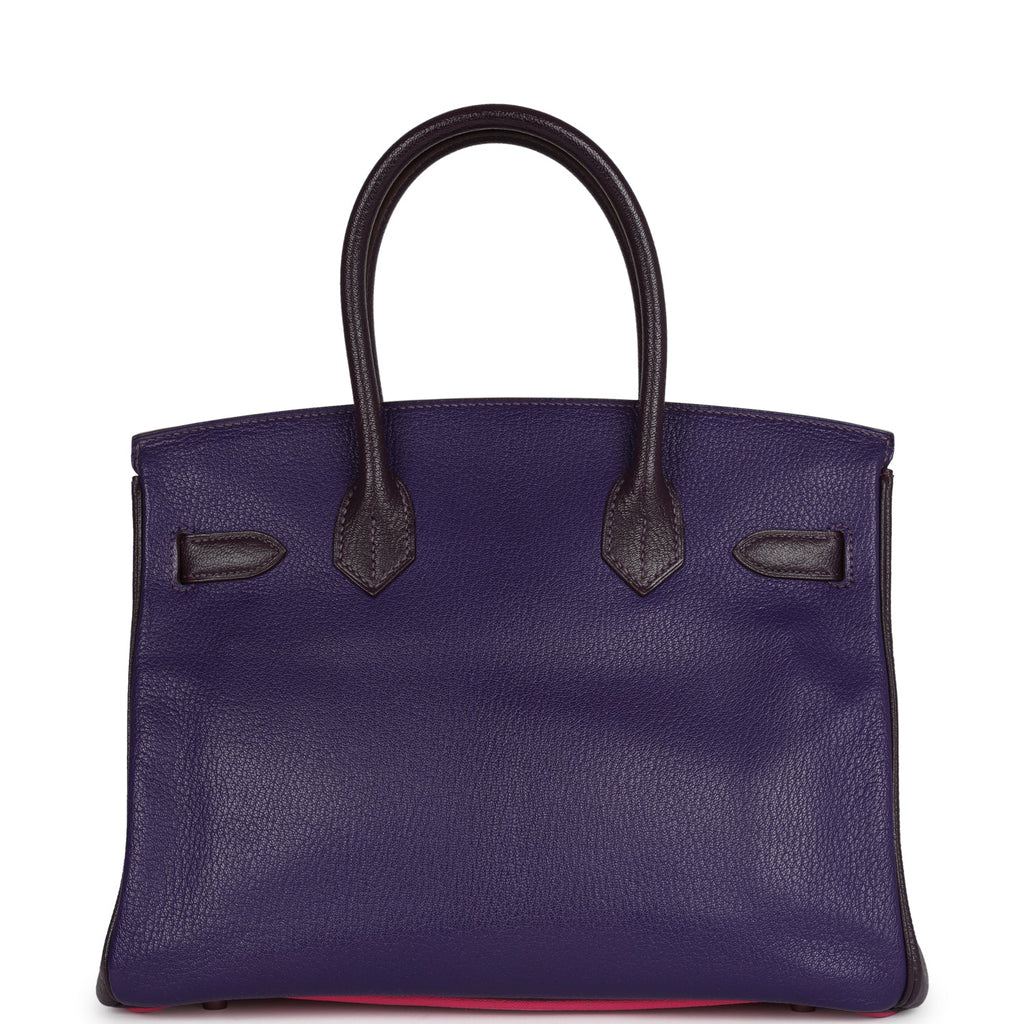 Pre-owned Hermes Special Order (HSS) Birkin 30 Tri-color Raisin, Ultraviolet and Rose Shocking Chevre Palladium Hardware - Image 5