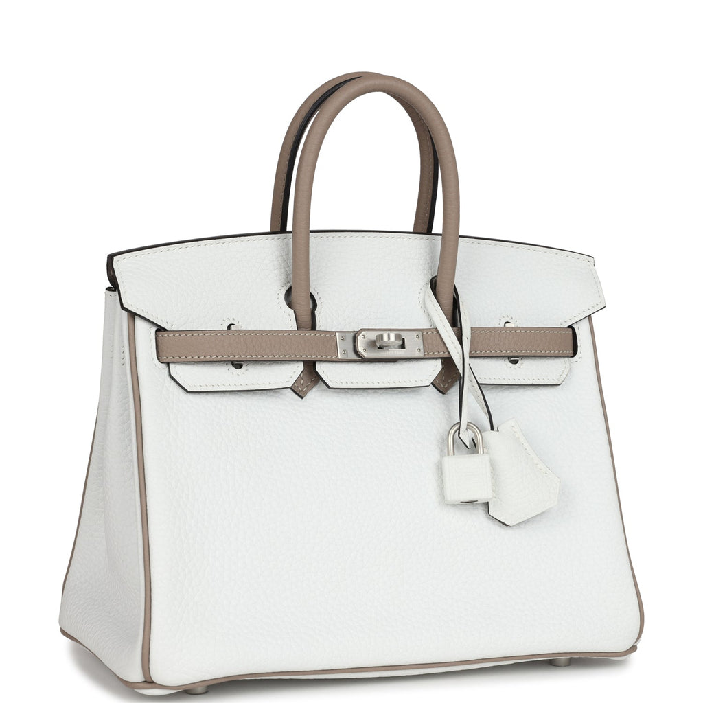 Hermes Special Order (HSS) Birkin 25 White and Etoupe Clemence Brushed Palladium Hardware - Image 3