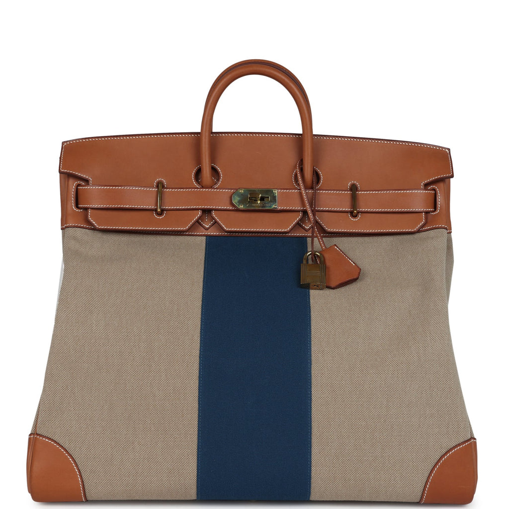 Pre-owned Hermes Birkin HAC 50 Flag Ficelle Toile H, Fauve Barenia and Bleu Toile H Canvas Gold Hardware