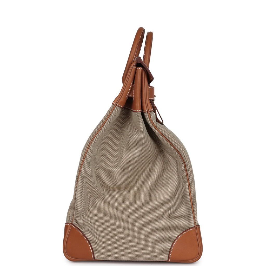 Pre-owned Hermes Birkin HAC 50 Flag Ficelle Toile H, Fauve Barenia and Bleu Toile H Canvas Gold Hardware - Image 4