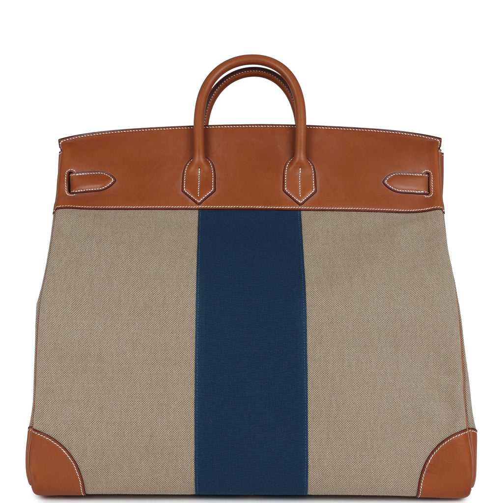 Pre-owned Hermes Birkin HAC 50 Flag Ficelle Toile H, Fauve Barenia and Bleu Toile H Canvas Gold Hardware - Image 5