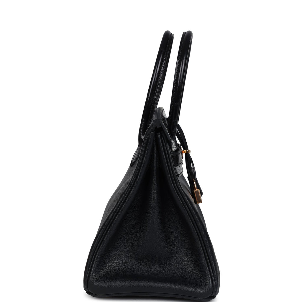 Pre-owned Hermes Birkin 30 Black Shiny Niloticus Crocodile and Novillo Touch Rose Gold Hardware - Image 4