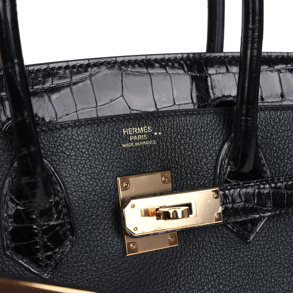Pre-owned Hermes Birkin 30 Black Shiny Niloticus Crocodile and Novillo Touch Rose Gold Hardware - Image 8