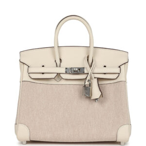 Hermes Birkin 25 Nata Swift and Ecru-Beige Toile H Canvas Palladium Hardware