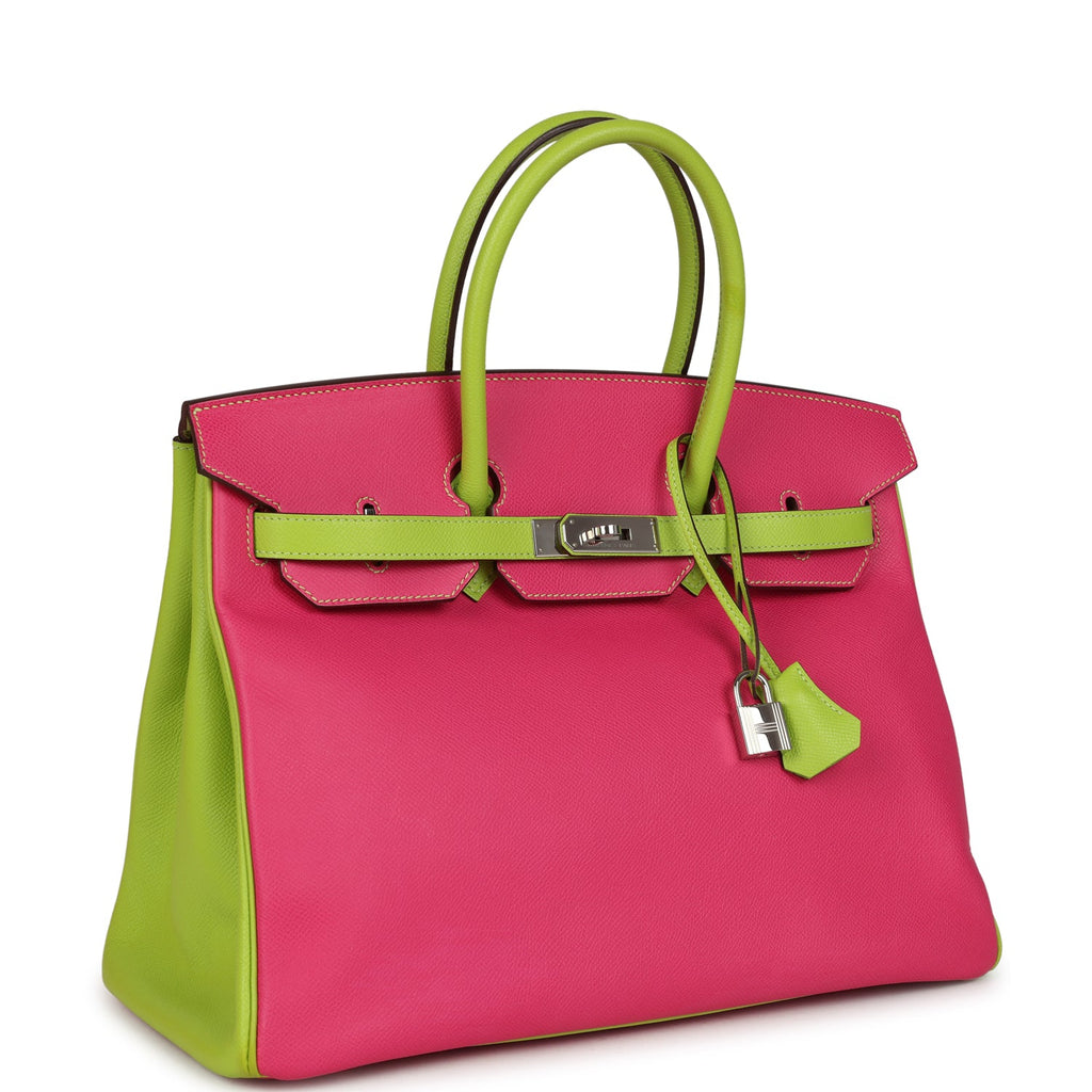 Pre-owned Hermes Special Order (HSS) Birkin 35 Rose Tyrien and Kiwi Epsom Palladium Hardware - Image 3