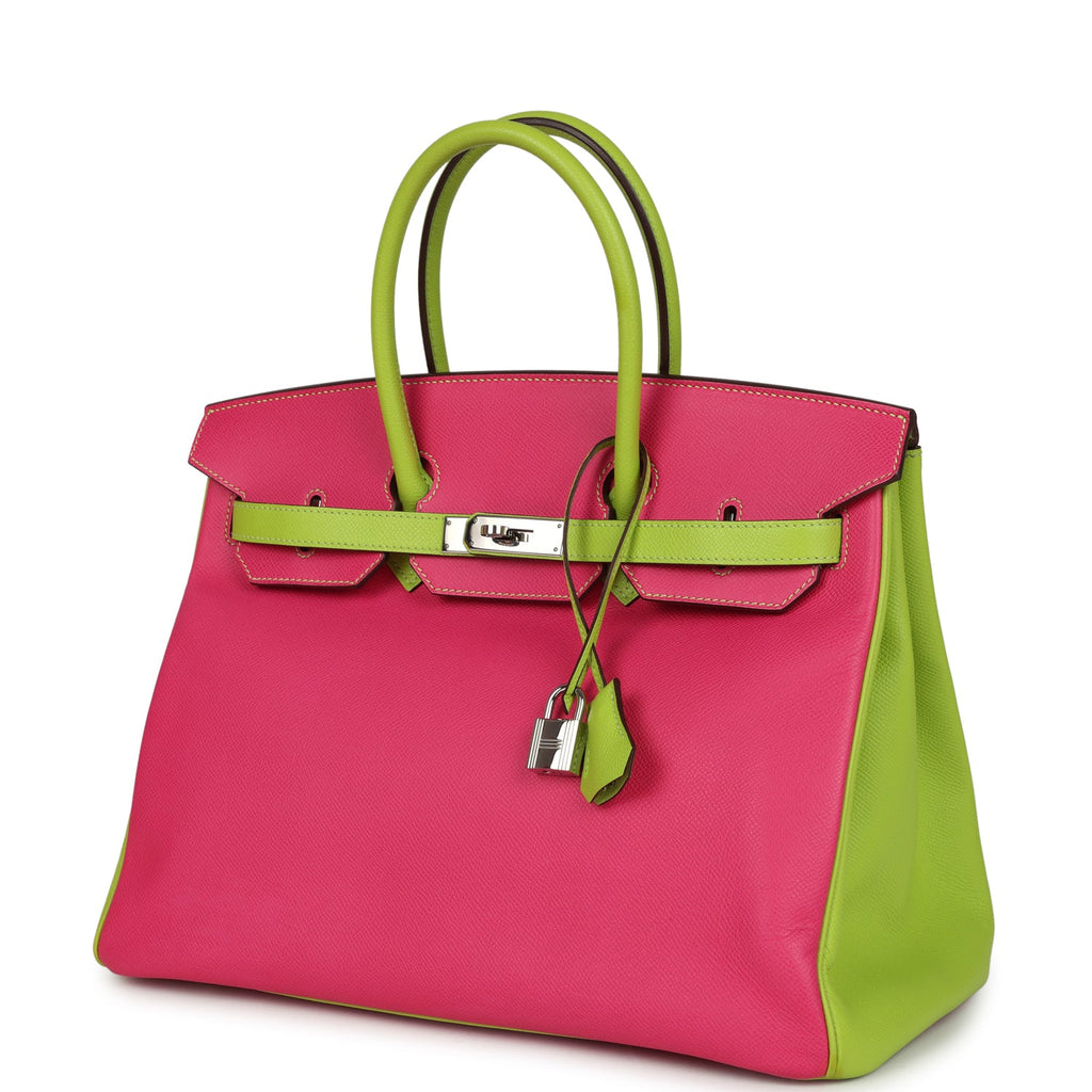 Pre-owned Hermes Special Order (HSS) Birkin 35 Rose Tyrien and Kiwi Epsom Palladium Hardware - Image 4