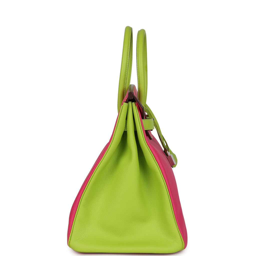 Pre-owned Hermes Special Order (HSS) Birkin 35 Rose Tyrien and Kiwi Epsom Palladium Hardware - Image 5