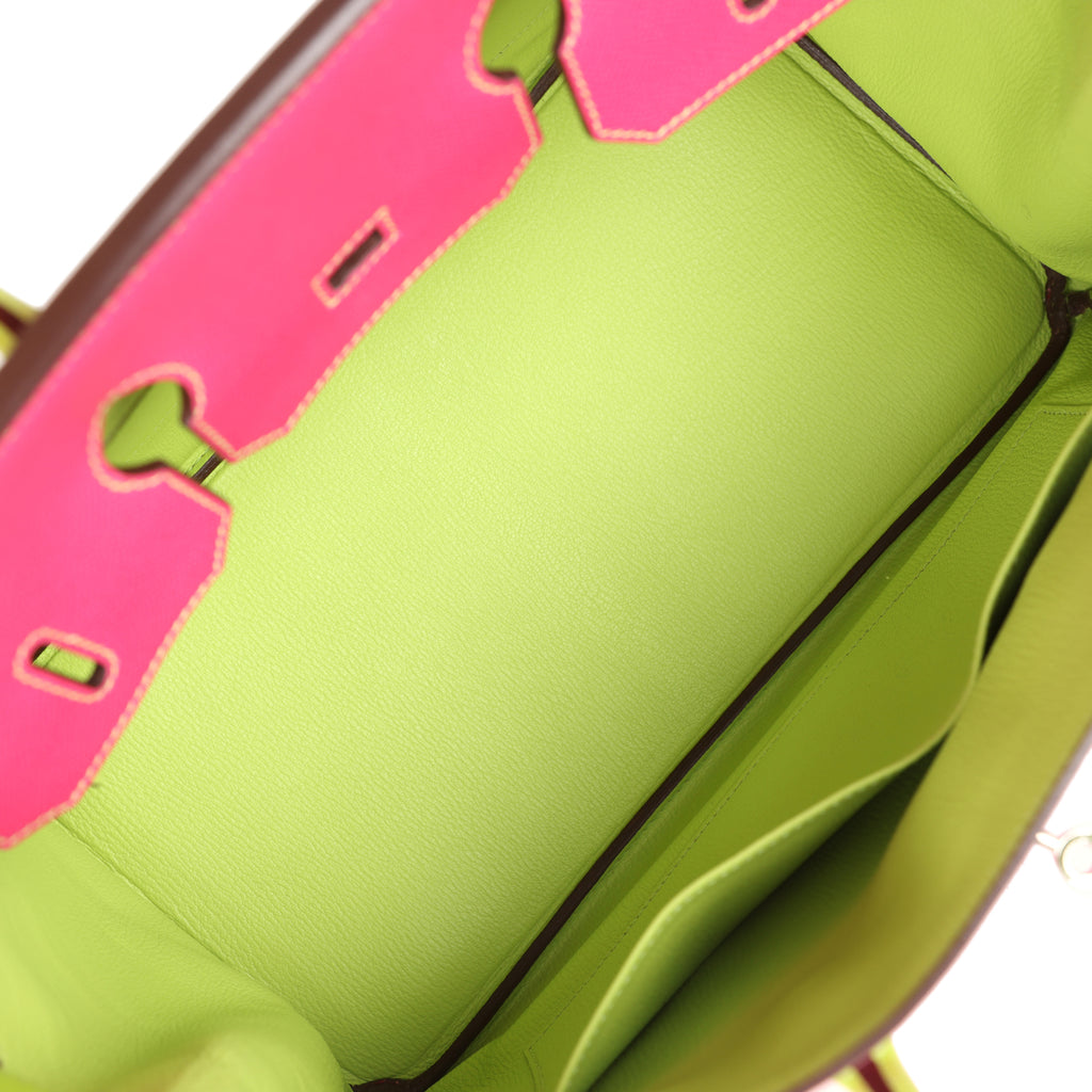 Pre-owned Hermes Special Order (HSS) Birkin 35 Rose Tyrien and Kiwi Epsom Palladium Hardware - Image 9