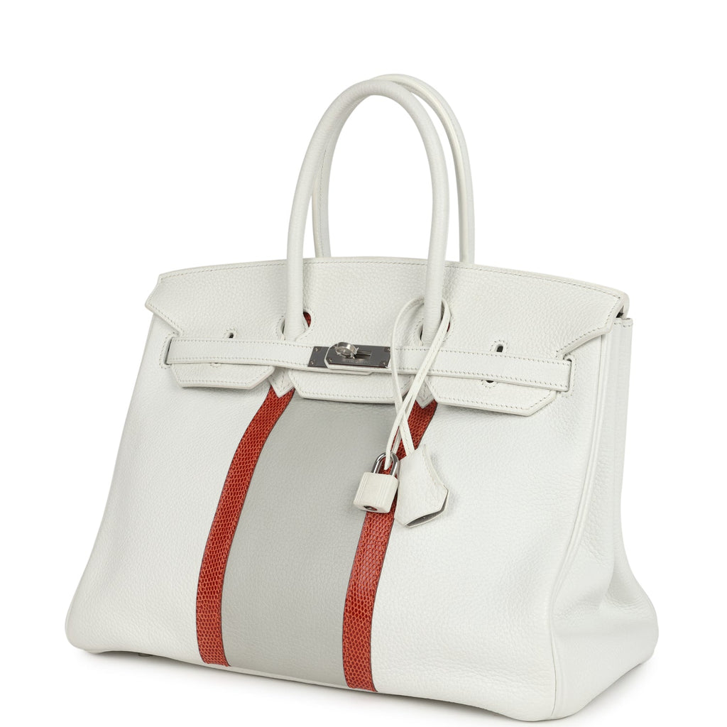 Pre-owned Hermes Birkin Club 35 White and Gris Perle Clemence and Sanguine Lizard Palladium Hardware - Image 6