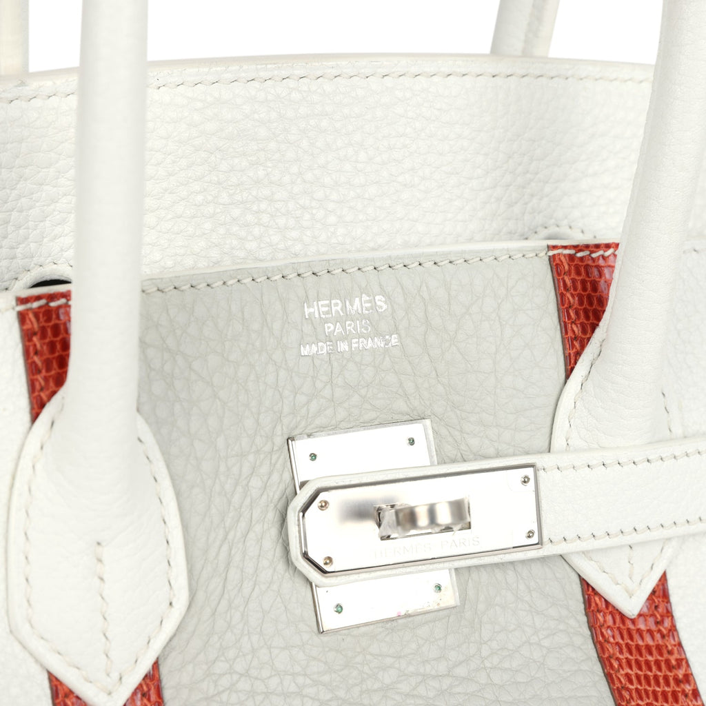 Pre-owned Hermes Birkin Club 35 White and Gris Perle Clemence and Sanguine Lizard Palladium Hardware - Image 8