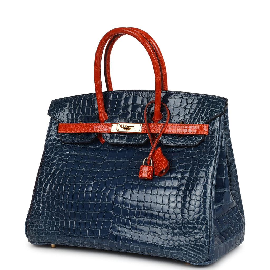 Vintage Hermes Birkin 35 Bleu Roi and Orange Shiny Porosus Crocodile Gold Hardware - Image 6