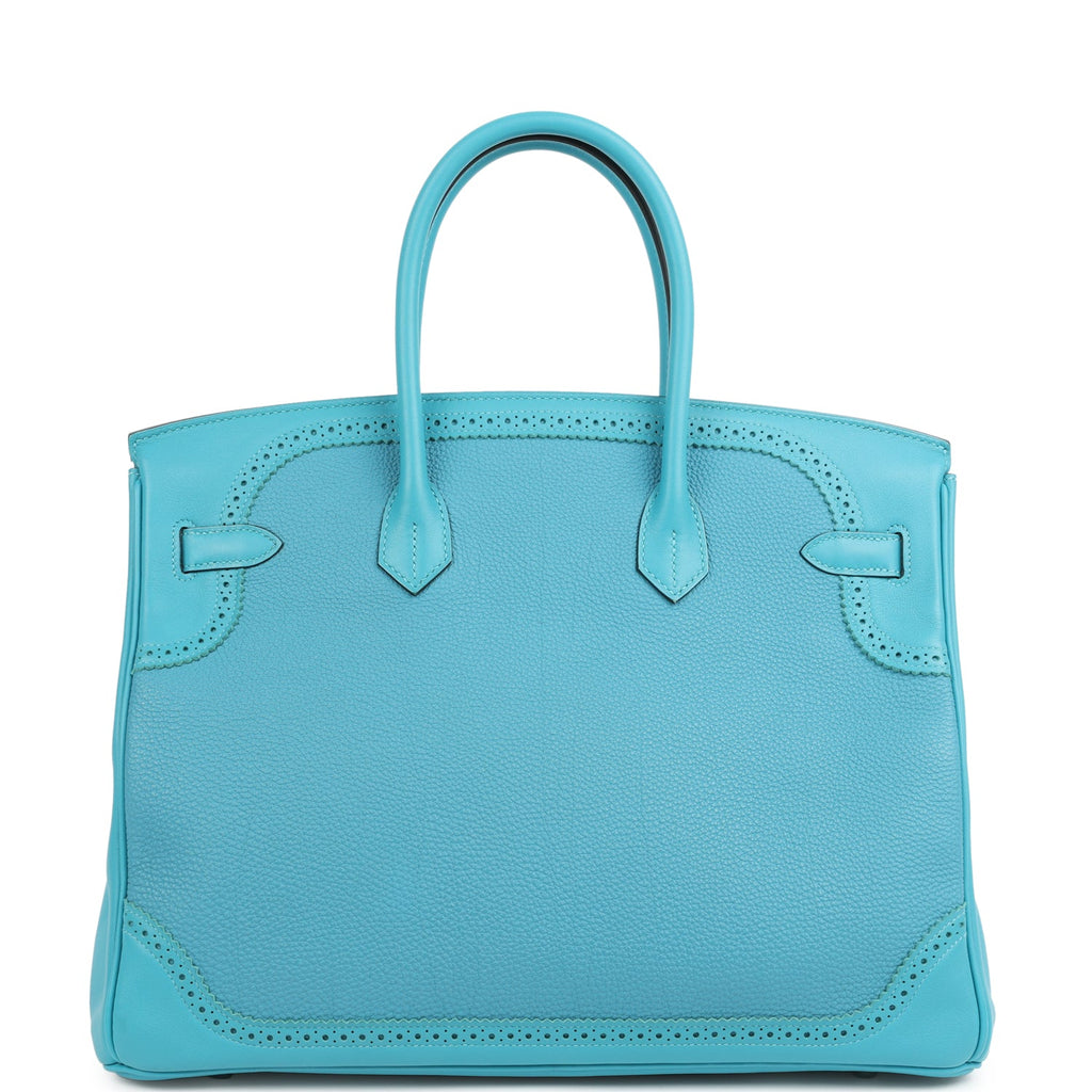Pre-owned Hermes Birkin 35 Ghillies Turquoise Togo and Swift Palladium Hardware - Image 5
