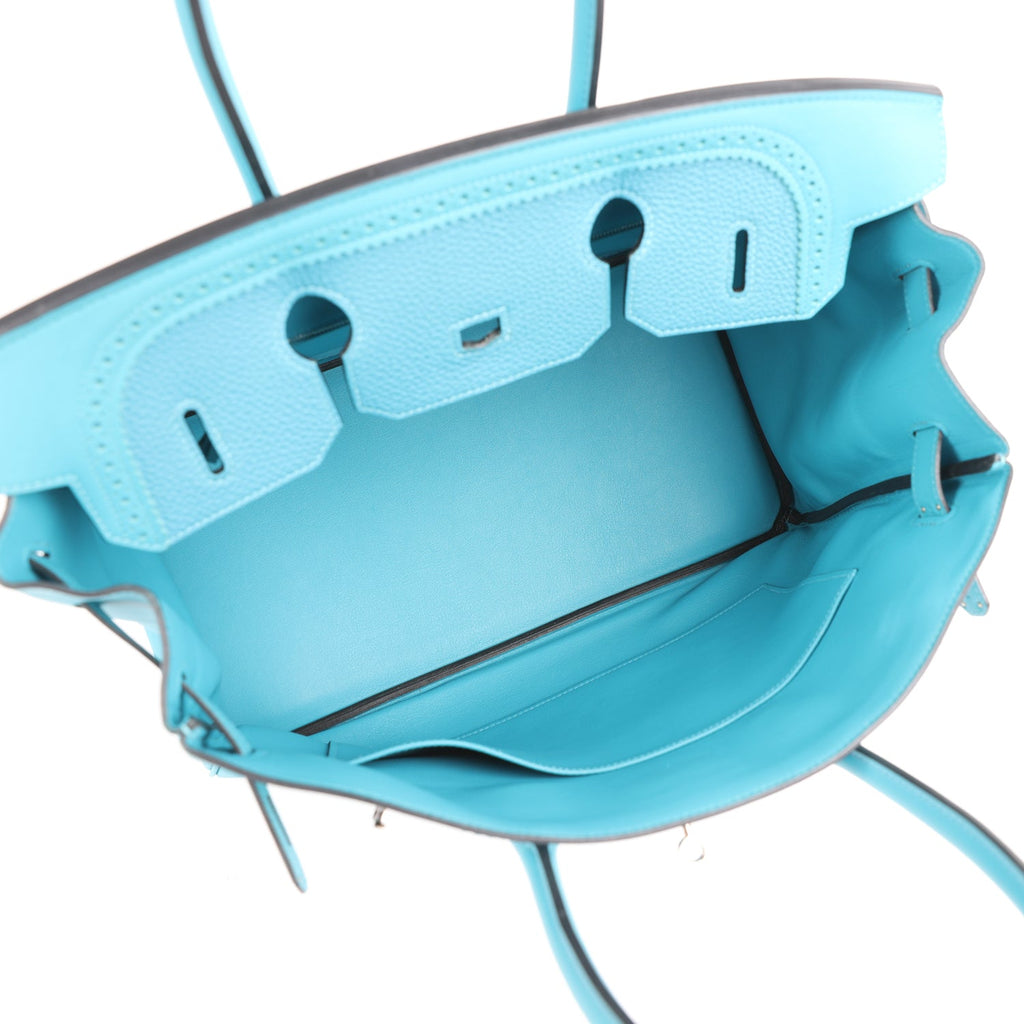 Pre-owned Hermes Birkin 35 Ghillies Turquoise Togo and Swift Palladium Hardware - Image 9