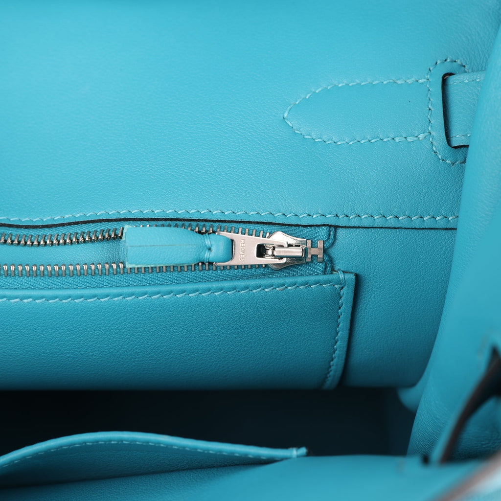 Pre-owned Hermes Birkin 35 Ghillies Turquoise Togo and Swift Palladium Hardware - Image 10