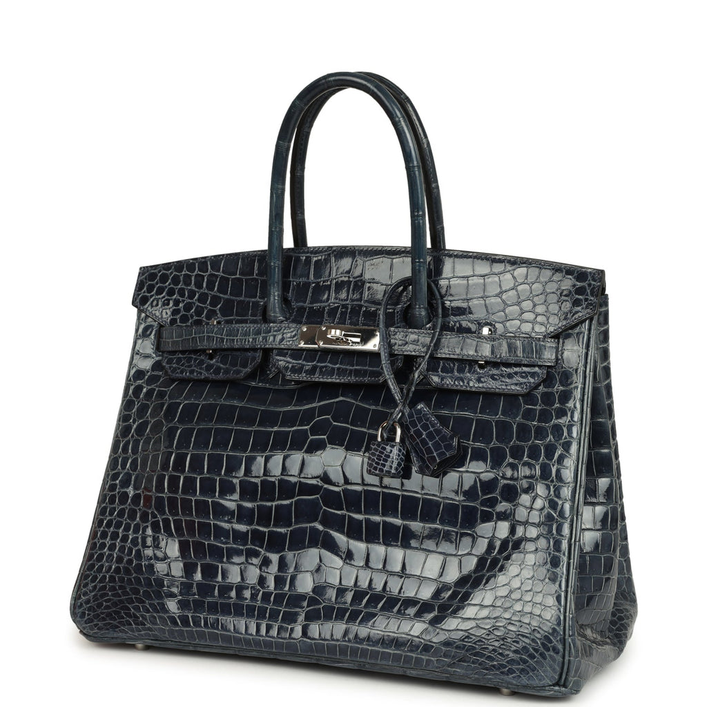 Pre-owned Hermes Birkin 35 Bleu Abysse Shiny Porosus Crocodile Palladium Hardware - Image 6