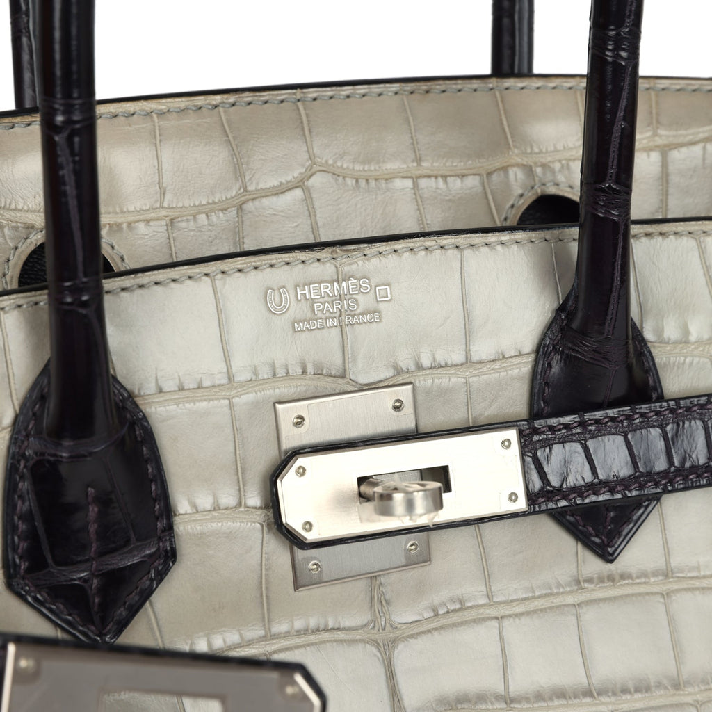 Pre-owned Hermes Special Order (HSS) Birkin 30 Gris Perle and Prunoir Matte Alligator Brushed Palladium Hardware - Image 8