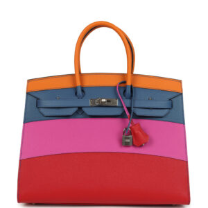 Hermes "Sunset" Birkin Sellier 35 Abricot, Bleu Agate, Magnolia and Rouge Casaque Epsom Palladium Hardware