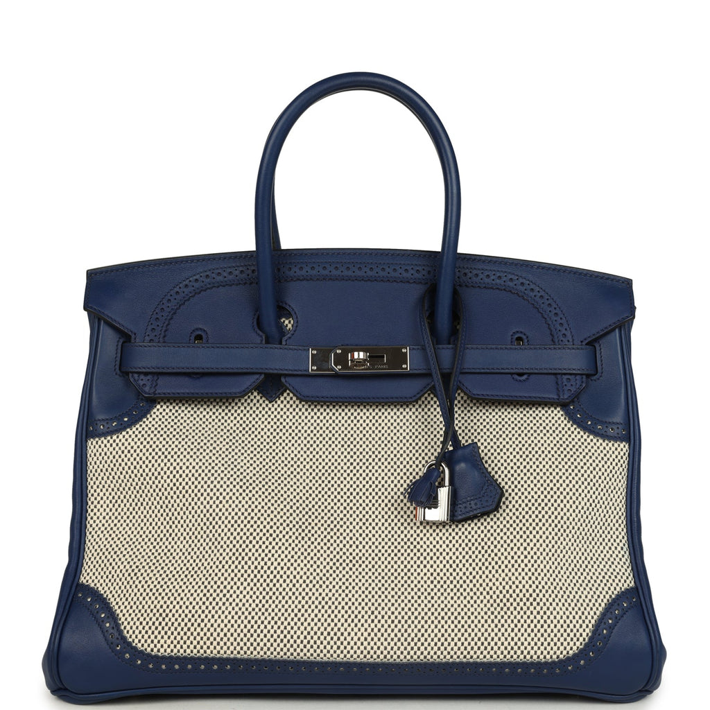 Pre-owned Hermes Birkin 35 Ghillies Bleu Saphir Swift and Ecru Toile Palladium Hardware