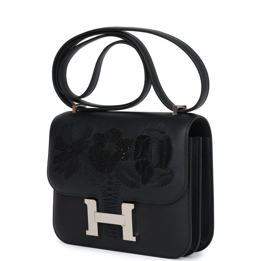 Hermes Constance 18 "Dancing Flowers" Black Embroidered Swift Palladium Hardware - Image 6