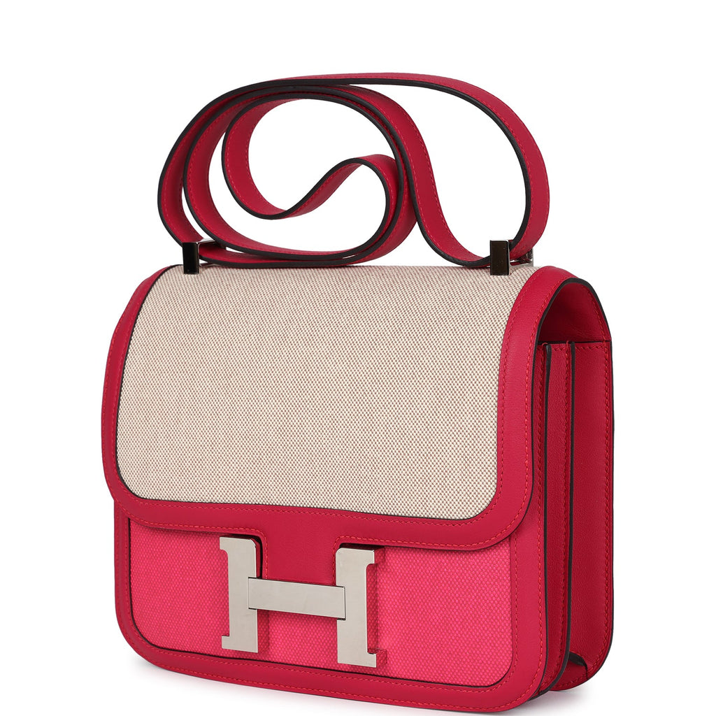 Pre-owned Hermes Constance 24 Rose Shocking and Ecru Toile H Berline and Framboise Swift Palladium Hardware - Image 6