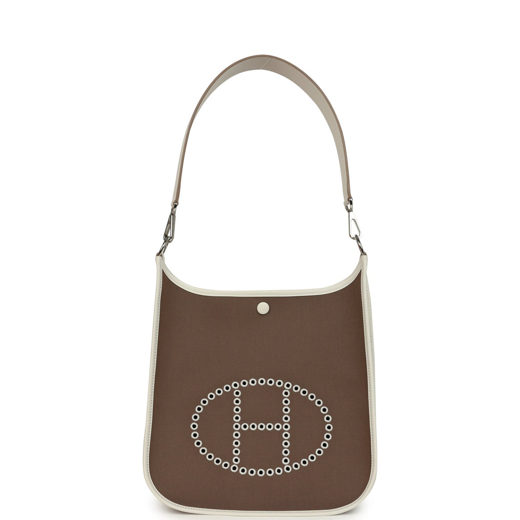 Hermes Neo Evelyne PM Etoupe Officier Canvas and Gris Pale Swift Palladium Hardware - Image 8