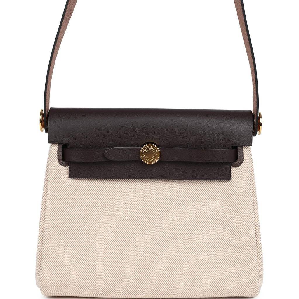 Hermes Herbag Zip 20 Mini Ecru and Beige Toile H Canvas and Ebene Vache Hunter Gold Hardware