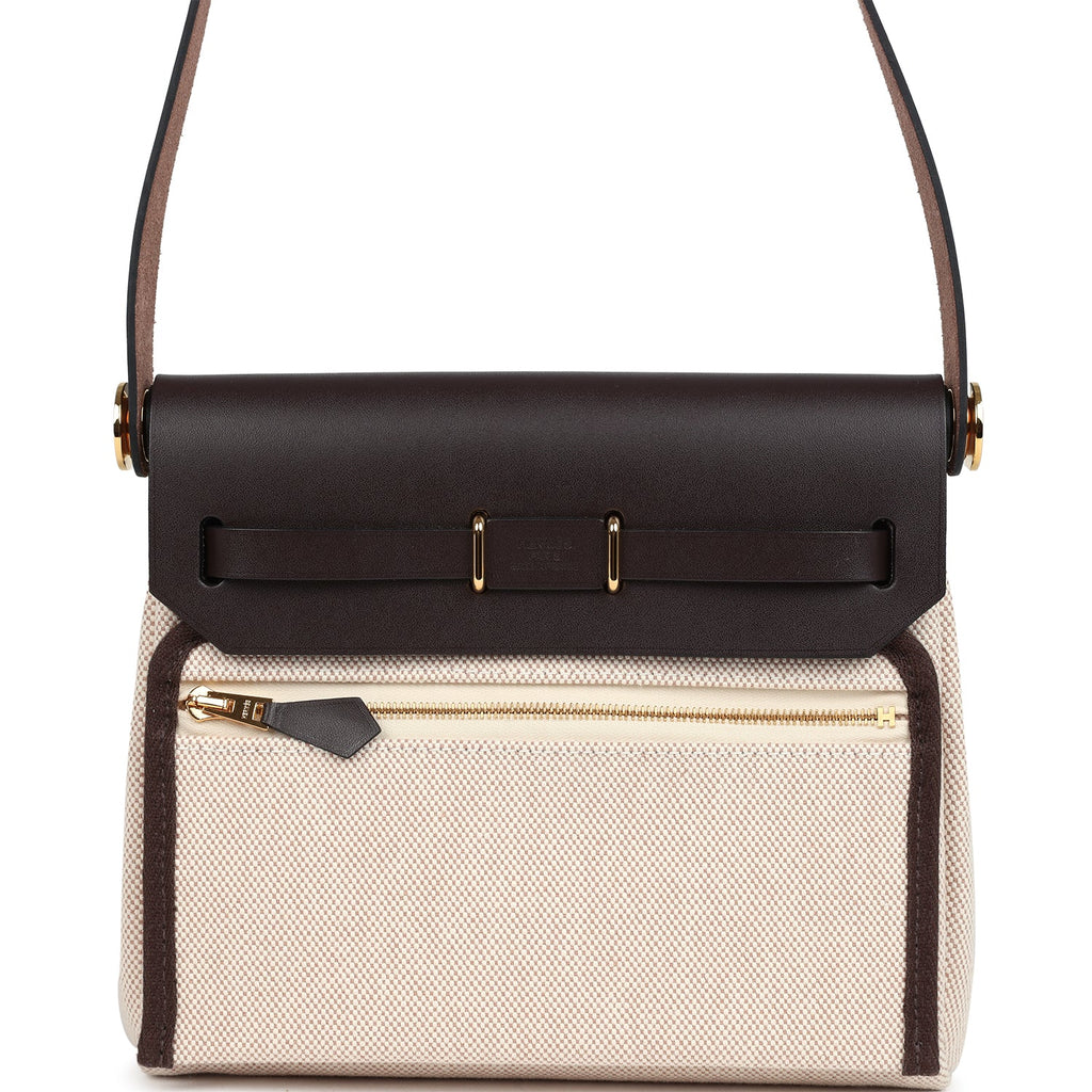 Hermes Herbag Zip 20 Mini Ecru and Beige Toile H Canvas and Ebene Vache Hunter Gold Hardware - Image 5