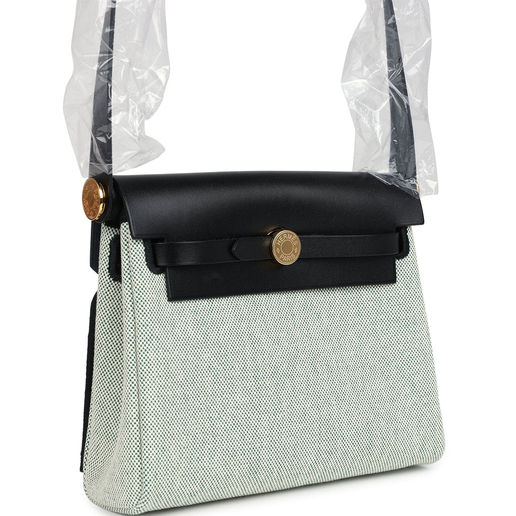 Hermes Herbag Zip 20 Mini Ecru and Vert Moyen Toile H Canvas and Black Vache Hunter Gold Hardware - Image 3