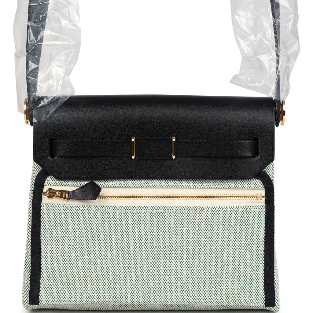 Hermes Herbag Zip 20 Mini Ecru and Vert Moyen Toile H Canvas and Black Vache Hunter Gold Hardware - Image 5
