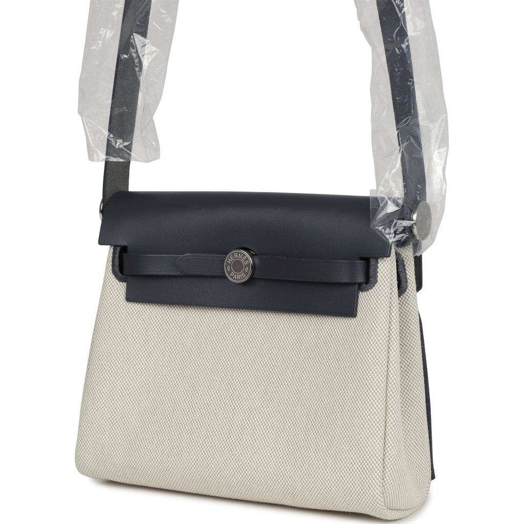 Hermes Herbag Zip 20 Mini Ecru and Bleu Glacier Toile H Canvas and Ardoise Vache Hunter Palladium Hardware - Image 6