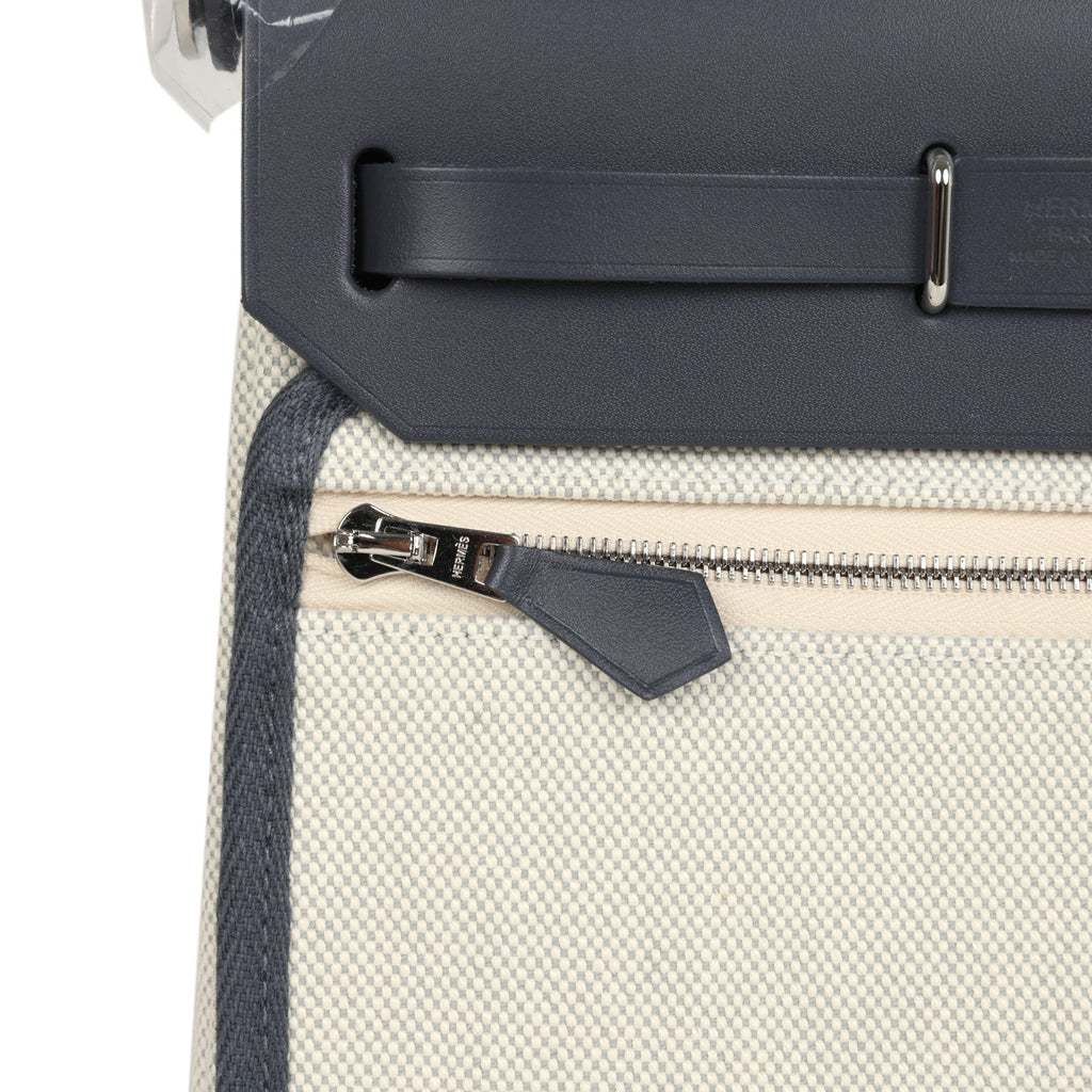 Hermes Herbag Zip 20 Mini Ecru and Bleu Glacier Toile H Canvas and Ardoise Vache Hunter Palladium Hardware - Image 9