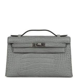 Hermes Kelly Pochette Gris Ciment Matte Alligator Palladium Hardware