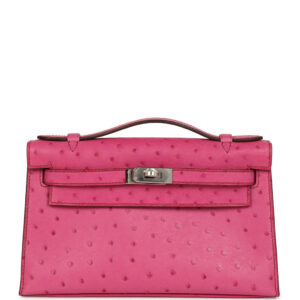 Pre-owned Hermes Kelly Pochette Fuchsia Ostrich Palladium Hardware