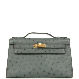 Hermes Kelly Pochette Vert Amande Ostrich Gold Hardware