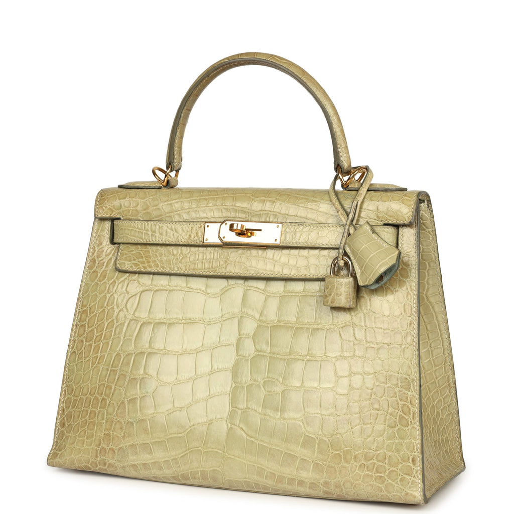 Vintage Hermes Kelly Sellier 28 Vert Celadon Natura Shiny Alligator Gold Hardware - Image 6